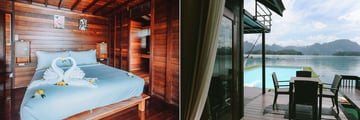Bedroom in a floating bungalow and terrace looking out to a lake