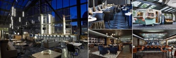 Renaissance Nashville Hotel, (clockwise from left): The Bridge Lounge, The Bridge Restaurant, Coffee Camper, Little Fib Bar and Little Fib Restaurant Lobby 