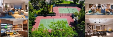 Renaissance Newport Beach, (clockwise from top left): Lounge, Tennis, Library, Studio Art Room and The Market
