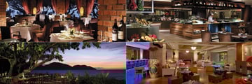 Clockwise from top left: Feringgi Grill, Spice Market Cafe, FIP Lounge, and Pinang Restaurant and Bar
