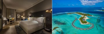 Deluxe Room at The Ritz Carlton Doha, and an aerial view of Cinnamon Dhonveli