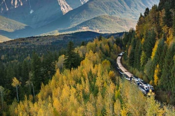 Rocky Mountaineer journeying through Mount Robson