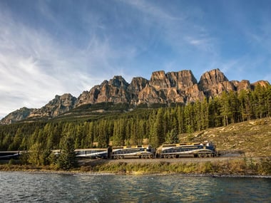Rocky Mountaineer passing Castle Mountain, Alberta