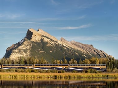 Rocky Mountaineer passing Vermillion Lakes near Banff
