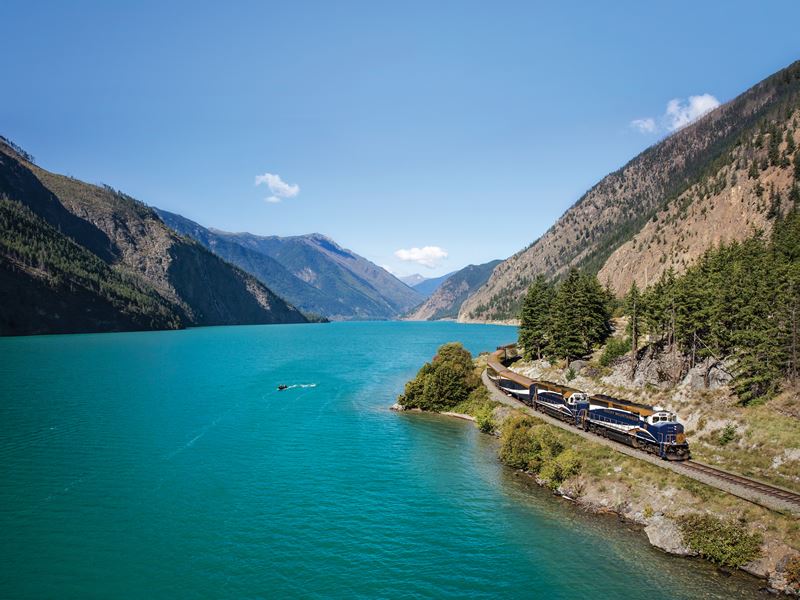 Rocky Mountaineer travelling past Seton Lake, British Columbia