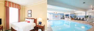 Room interiors and indoor pool at Rodd Charlottetown