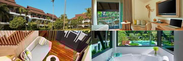 (Clockwise from left): Thai Village Wing exterior, Two Bedroom Family Suite Pool View, Breeze Spa & Deluxe Family Duplex