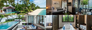 (Clockwise from top left): Two Bedroom Beachfront Pool Villa, Premier Bungalow, Bungalow bathroom, and Two Bedroom Presidential Beachfront Pool Villa 