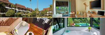 Garden Wing (top left), Thai Village Wing Deluxe Pool View (right), and Thai Village Wing Deluxe Family Duplex (bottom left), at Amari Koh Samui