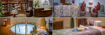 Rosen Shingle Creek, (clockwise from top left): Spa Reception, Spa Relaxation Lounge, Couples Massage Room and Whirlpool