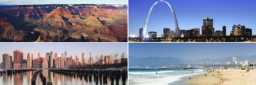 Clockwise from top left: Grand Canyon, St Louis, Santa Barbara and Los Angeles 