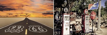 Iconic Route 66 roads and retro fuel pumps