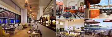 Royal Hawaiian Hotel, (clockwise from left): Azure Restaurant, Bakery, Mai Tai Bar, Surf Lanai Restaurant and Breakfast Buffet