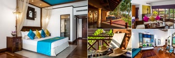 Royal Palms Beach Hotel, Kalutara, (clockwise from left): Deluxe Room, Executive Suite Balcony and Jacuzzi, Heritage Suite Lounge, Penthouse Suite and Heritage Suite Terrace