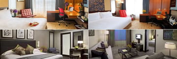 Clockwise from top left: Superior Room, Premiere Corner Room, Executive Suite living room and Executive Suite bedroom at Royal Plaza on Scotts