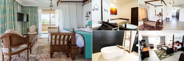 Royal Zanzibar Beach, (clockwise from left): Superior Deluxe Room, Superior Room Bathroom, Bedroom, Ocean Suite Bedroom and Bathroom