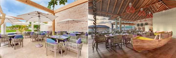 A split image. Left side is the exterior of the Beach Club Grill and the right is an interior view of Caribbean Restaurant & Grill at Royalton Antigua