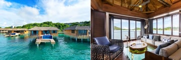 An exterior view of the Chairman Overwater Bungalows and an interior view of the bungalow's living room with a clear floor. At Royalton Antigua