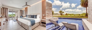 Interior view of the Diamond Club Luxury Junior Suite Swim-Out and the suite's pool at Royalton Antigua