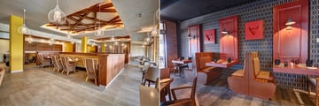 A split image. The left side shows the interior of Gourmet Marche and the right shows the interior of Hunters Steakhouse at Royalton Antigua