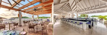 Split images. On the right is the terrace at Grazie and the right in Martini Mix at Royalton Antigua