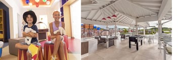 Split image. Left image is two children at a kids club. Right image is a lounge with games for teens at Royalton Antigua