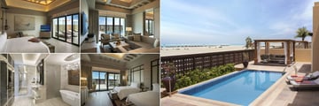 Saadiyat Rotana Resort & Villas, (clockwise from top left): One Bedroom Beach Villa Master and Lounge, Two Bedroom Beach Villa Terrace and Pool Area, Second Bedroom and Bathroom