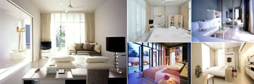 SALA Phuket Resort & Spa, (clockwise from left): One Bedroom Duplex Pool Villa, Garden Pool Villa, One Bedroom Pool Villa, Deluxe Balcony and SALA Pool Villa