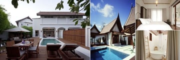 SALA Samui Resort & Spa, (clockwise from left): One Bedroom Duplex Pool Villa, Two Bedroom Pool Villa, One Bedroom Pool Villa and Deluxe Balcony Bathroom