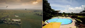 Exterior views of Salt Lick Safari Lodge, and the pool at Keekorok Lodge