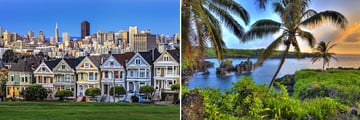 Image of houses in San Francisco and beach in Hawaii