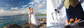 Happy bride and groom and post-wedding breakfast at Sandals Grenada Resort & Spa