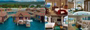 Overwater Honeymoon Villa (far left and bottom left), Beachfront Deluxe Room (top left), Italian Beachfront One Bedroom Butler Suite (top right) and Italian Beachfront Butler Walkout Suite