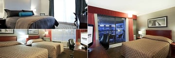 Sandman Hotel & Suites Kelowna, (clockwise from top left): King Room Executive Tower, Standard Cozy Queen Atrium Building and Standard Two Queens Atrium Building