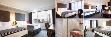 Sandman Hotel Vancouver Downtown, (clockwise from left): Standard Two Doubles, Standard Cozy Queen, Standard Two Queens, Corporate King Room with Sofa Bed and Bathroom