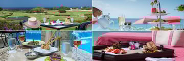 Sandy Lane, (clockwise from top left): Lunch at the Country Club, on the Beach, by the Pool and at the Spa