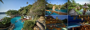 Santhiya Koh Phangan Resort & Spa, (clockwise from left): Main Pool, Main Pool, Saaitara Lagoon, By The Sea Bar at Night and Saaitara Pool at Night