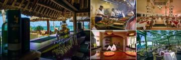 Sarova Whitesands Beach Resort & Spa, (clockwise from left): Cocos Beach Bar, The Pavilions Restaurant - Chefs, The Pavillions Restaurant, Lido Seafood Grill and Minazi Cafe