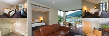 Scenic Suites Queenstown, (clockwise from top left): Superior Room, One or Two Bedroom Suite Living Area and Views, Bedroom, Kitchen & Living Room and Bathroom