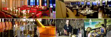 Scrub Island, (clockwise from top left): Caravela Candle Room Private Dining, Caravela Chop House, Caravela Outdoor Dining, One Shoe Beach & Grill and Caravela Bar