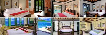 Scrub Island, (clockwise from top left): Ocean View Guestroom, Governors Suite, One Bedroom Suite, Beach House and Cliff House Bedrooms