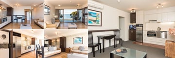 Sea Spray Suites, (clockwise from top left): One Bed Premium Kitchen and Living Area, One Bed Deluxe Kitchen Area and Two Bed Premium Living Area and Kitchen