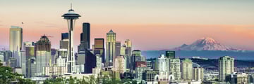 Seattle skyline and Mount Rainier views at sunset