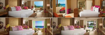 Secrets Akumal Riviera Maya, (clockwise from top left): Junior Suite Oceanview, Romance Master Suite Oceanview, Preferred Club (P.C.) Junior Suite Swim Out Oceanfront and P.C. Junior Suite Oceanfront