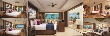 Secrets Cap Cana Resort & Spa, (from top left): Junior Suite Swim Out, Preferred Club (PC) Master Suite Plunge Pool Ocean Front, PC & Junior Suite, PC Bungalow Master Suite Ocean Front & Junior Suite