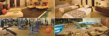 Secrets Capri Riviera Cancun, (clockwise from top left): Relaxation Room, Couples Massage Room, Hydrotherapy Circuit and Fitness Centre