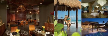 Secrets Playa Mujeres Golf & Spa Resort, (clockwise from left): Himitsu Restaurant, Barracuda Beach Bar, Bordeaux Restaurant and Seaside Grill