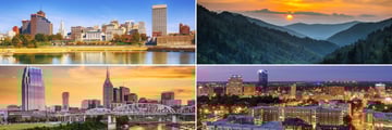 Clockwise from top left: Memphis skyline, Smoky Mountains, Lexington and Nashville