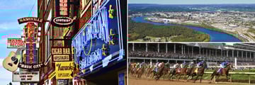 Nashville broadway signs (left), aerial view of Tennessee River, and Churchill Downs race track in Kentucky