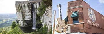 Rock City Waterfall in Chattanooga (left), and Sun Studios in Memphis (right)